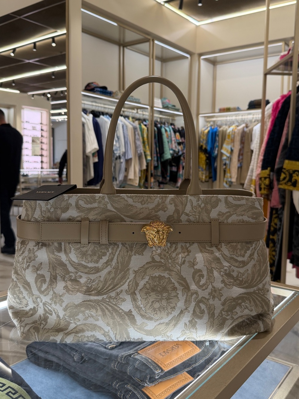 Versace Beige Medusa Brocade Tote Bag New